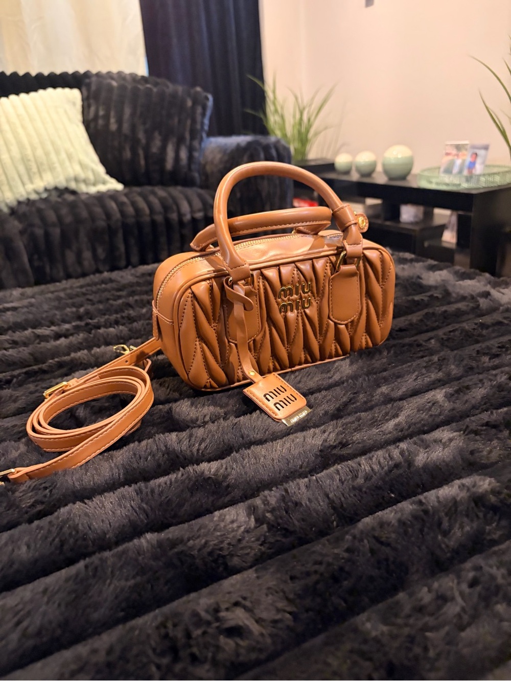 Miu Miu Cognac Quilted Leather Mini Top-Handle Crossbody